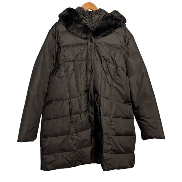 Larry Levine Womens Black Down Coat Faux Fur Hood 3X Long Warm Winter Puffer - Picture 1 of 16